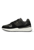 Schwarze Sneaker aus synthetischen und Wildledermaterialien, mit strukturierten Oberflächen, weißer Zwischensohle, grauen Akzenten, runden Schnürsenkeln und einem Logo an der Seite.