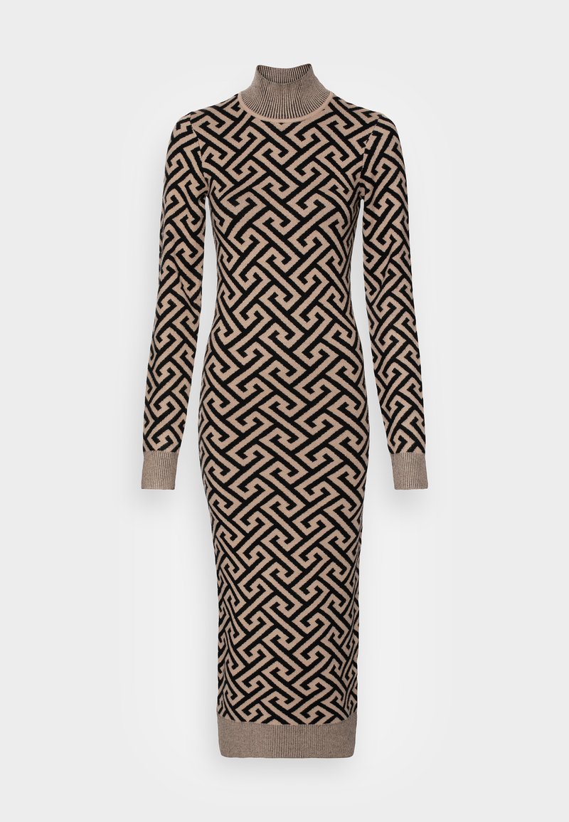Langärmliges Strickkleid mit hohem Kragen, das ein geometrisches Muster in Schwarz und Beige aufweist, gerippte Bündchen hat und eine taillierte Silhouette hat.