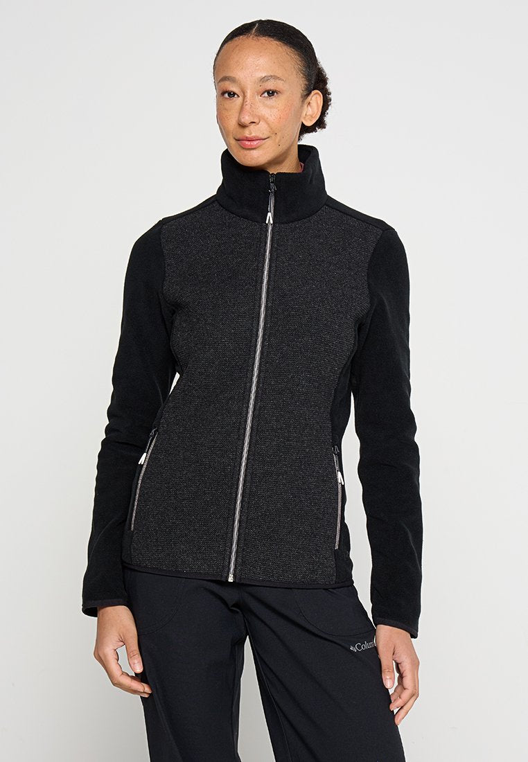 Schwarz-graue Zip-Jacke mit einem Fleece-Oberteil, strukturierten Einsätzen, hohem Kragen und seitlichen Taschen. Verfügt über silberne Beschläge und eine enge Passform.