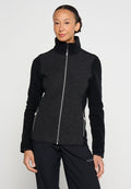Schwarz-graue Zip-Jacke mit einem Fleece-Oberteil, strukturierten Einsätzen, hohem Kragen und seitlichen Taschen. Verfügt über silberne Beschläge und eine enge Passform.