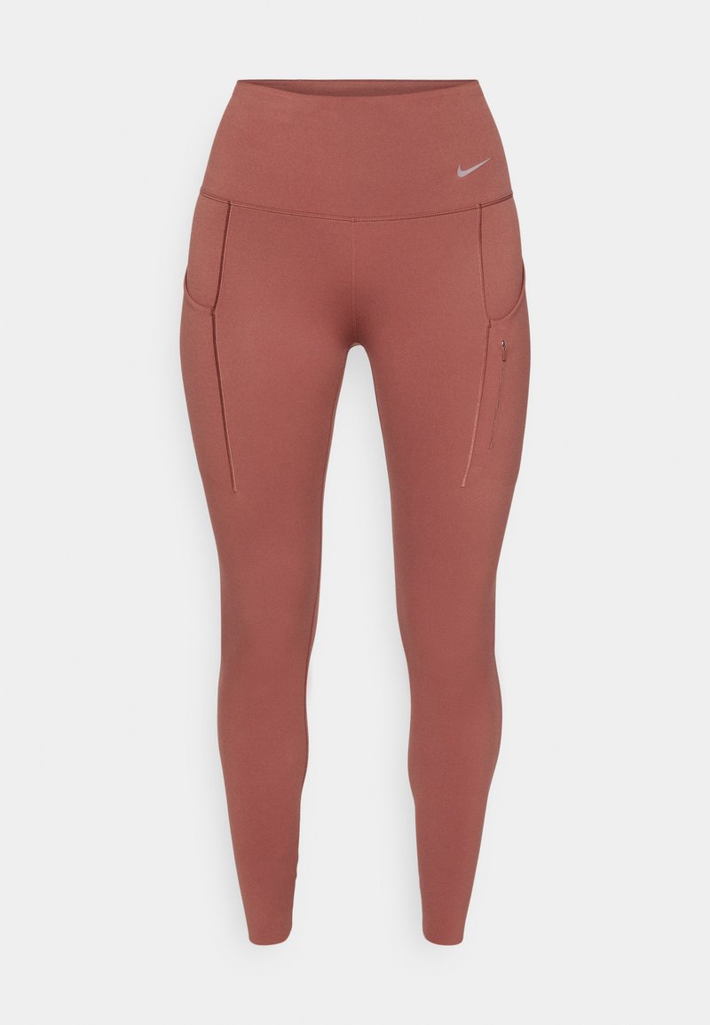 Nike Leggings in Rostfarbe mit hohem Bund, zwei Seitentaschen und einer glatten, dehnbaren Textur für Komfort und Beweglichkeit.
