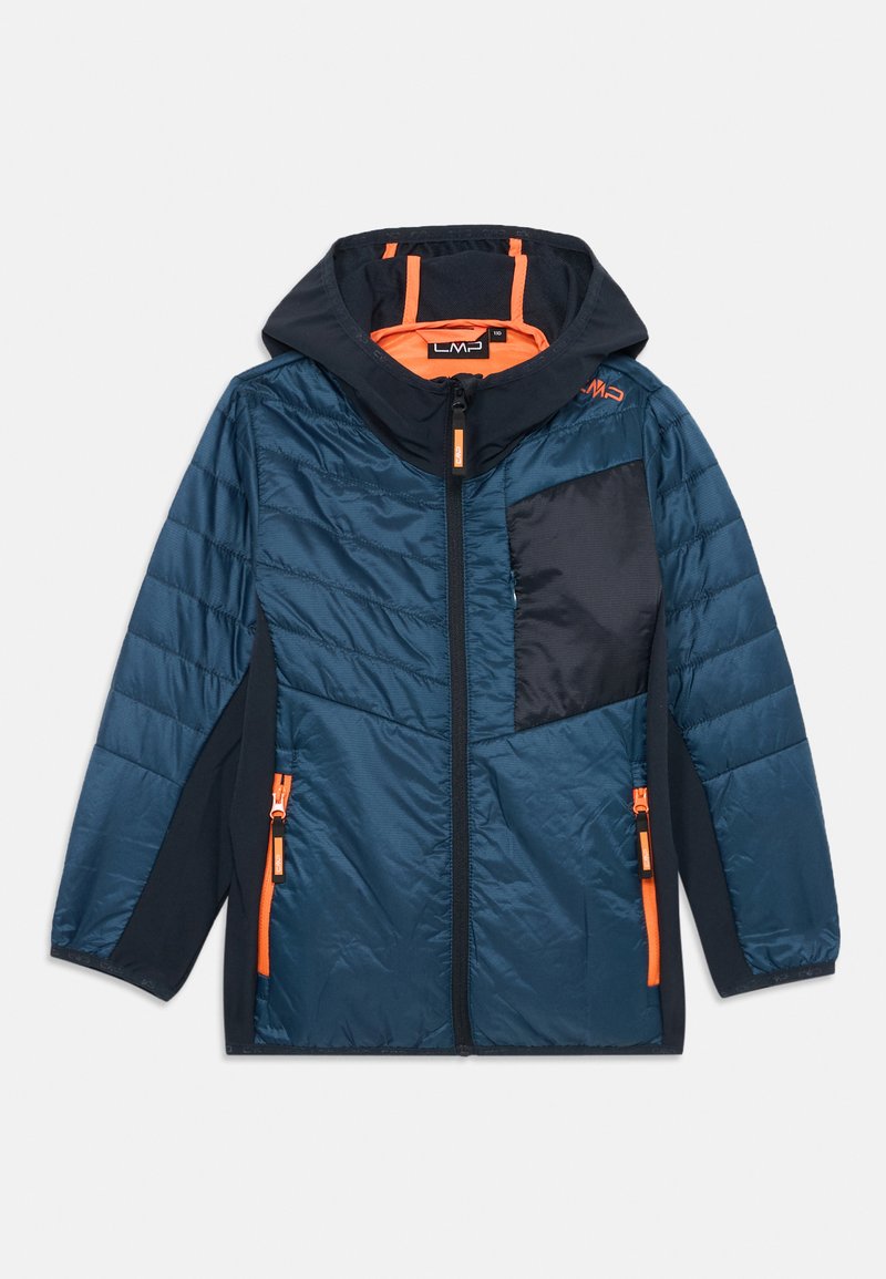 Polsterjacke aus navyblauem und schwarzem Stoff, mit Kapuze, orangen Akzenten, Reißverschlusstaschen und einem diagonal gesteppten Design.