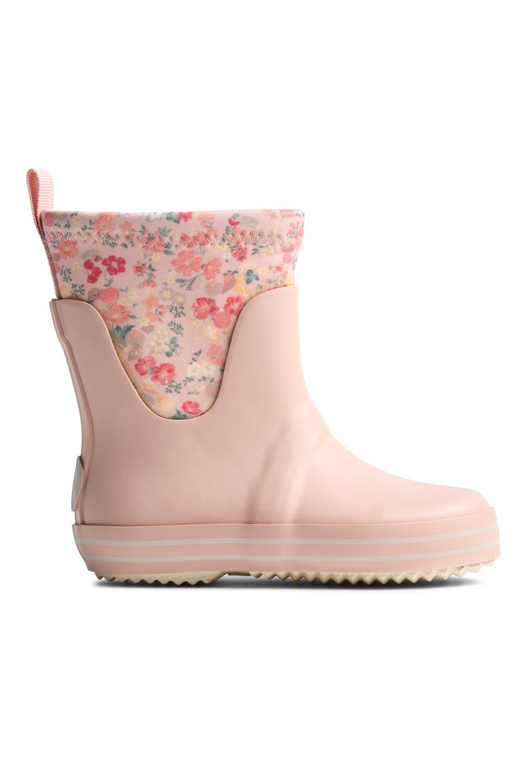 Pinkfarbener wasserdichter Stiefel mit einem Blumenmuster-Stoffbund und einer strukturierten Sohle. Verfügt über eine abgerundete Zehenpartie und seitliche Aussparungen für einfaches An- und Ausziehen.