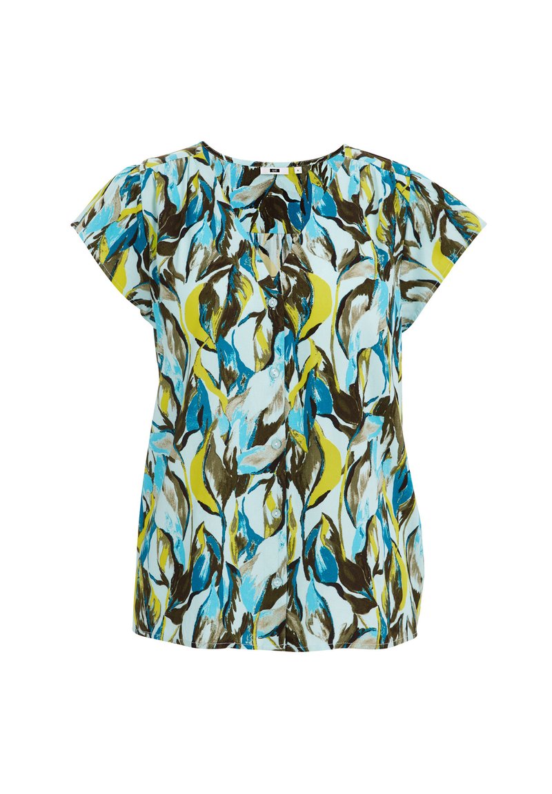 Kurzärmlige Bluse in Hellblau mit einem auffälligen Blattdruck in Gelb, Grün und Braun. Sie hat einen V-Ausschnitt und eine Knopfdetaillierung an der Vorderseite.
