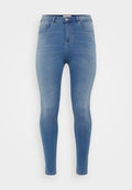 Schmale Jeans aus hellblauen Denim. Verfügt über fünf Taschen, eine hohe Taille und eine glatte Textur mit einem leichten Ausbleichungseffekt.
