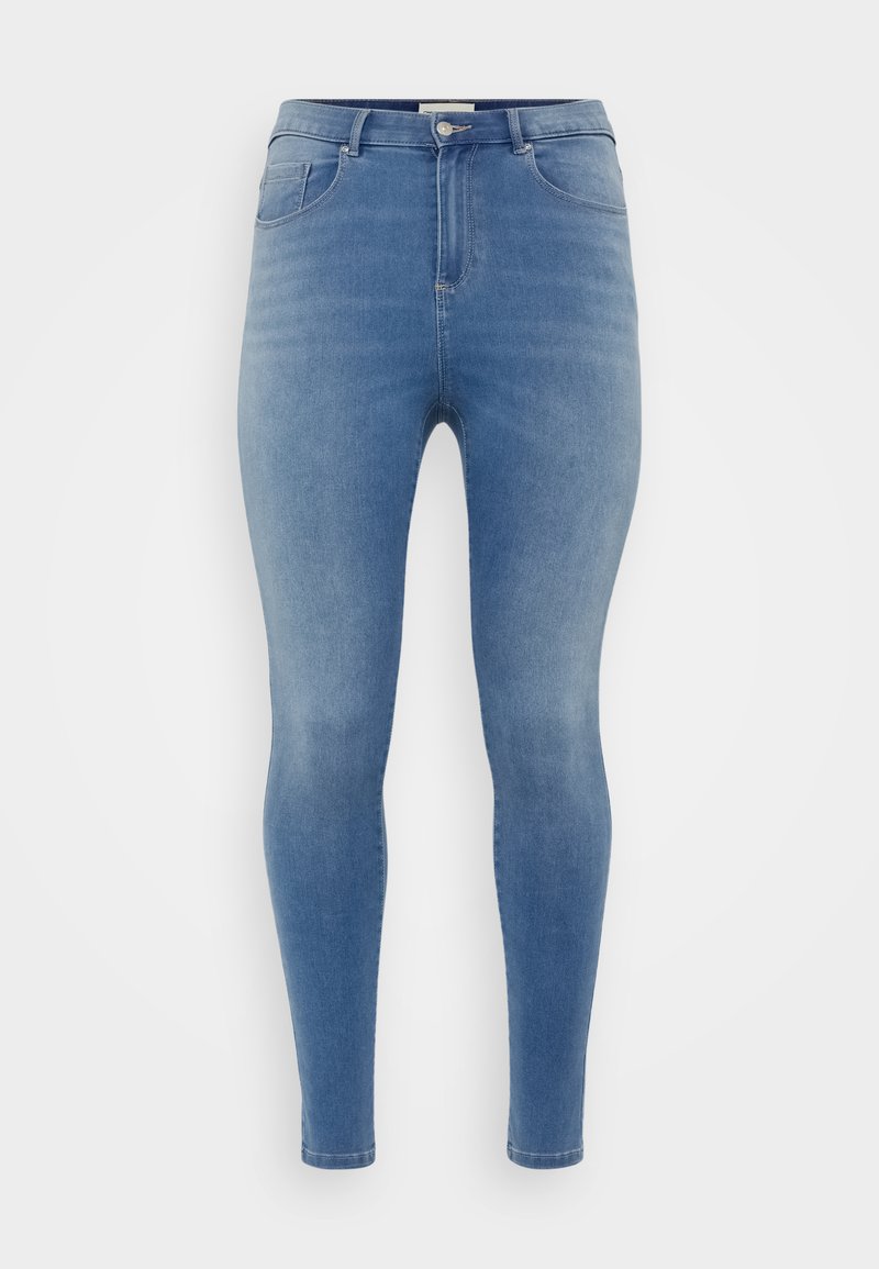 Schmale Jeans aus hellblauen Denim. Verfügt über fünf Taschen, eine hohe Taille und eine glatte Textur mit einem leichten Ausbleichungseffekt.