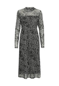Langärmliges Kleid aus transparentem grauen Stoff mit schwarzem Leopardenmuster. Enganliegendes Oberteil, fließender Rock und hoher Halsauschnitt. Elegantes und strukturiertes Design.