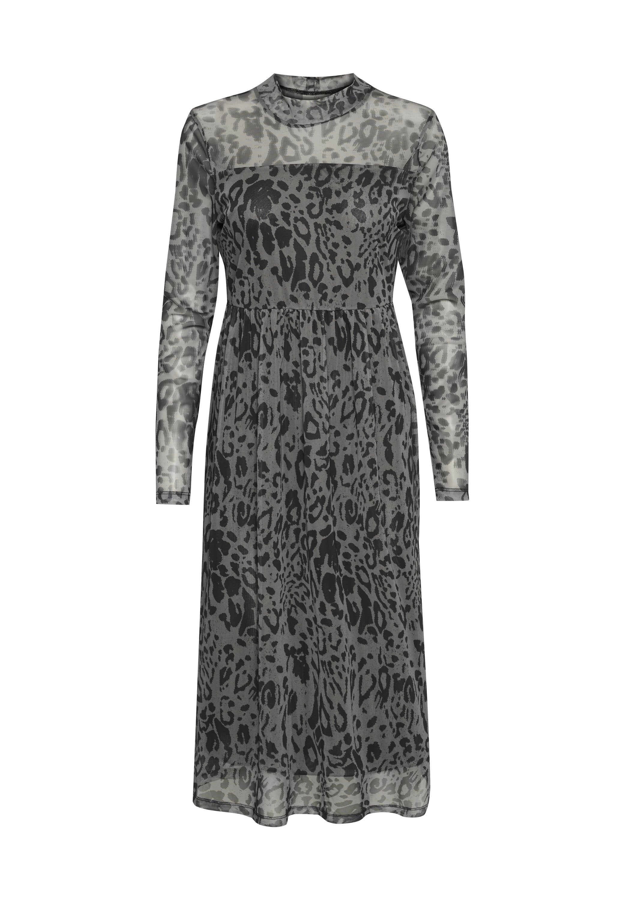 Langärmliges Kleid aus transparentem grauen Stoff mit schwarzem Leopardenmuster. Enganliegendes Oberteil, fließender Rock und hoher Halsauschnitt. Elegantes und strukturiertes Design.