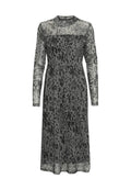 Langärmliges Kleid aus transparentem grauen Stoff mit schwarzem Leopardenmuster. Enganliegendes Oberteil, fließender Rock und hoher Halsauschnitt. Elegantes und strukturiertes Design.