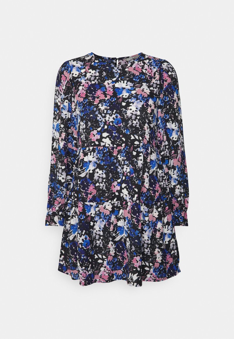 Floral Kleid mit schwarzem Grund und Druck in Blau, Rosa und Weiß. Lange Ärmel mit lockerer Passform und runder Ausschnitt. Weicher Stoff.