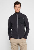 Schwarze Zip-Jacke mit gerippter Textur, kontrastierendem mattem Einsatz und einer Brusttasche. Verfügt über Seitentaschen und elastische Bündchen.