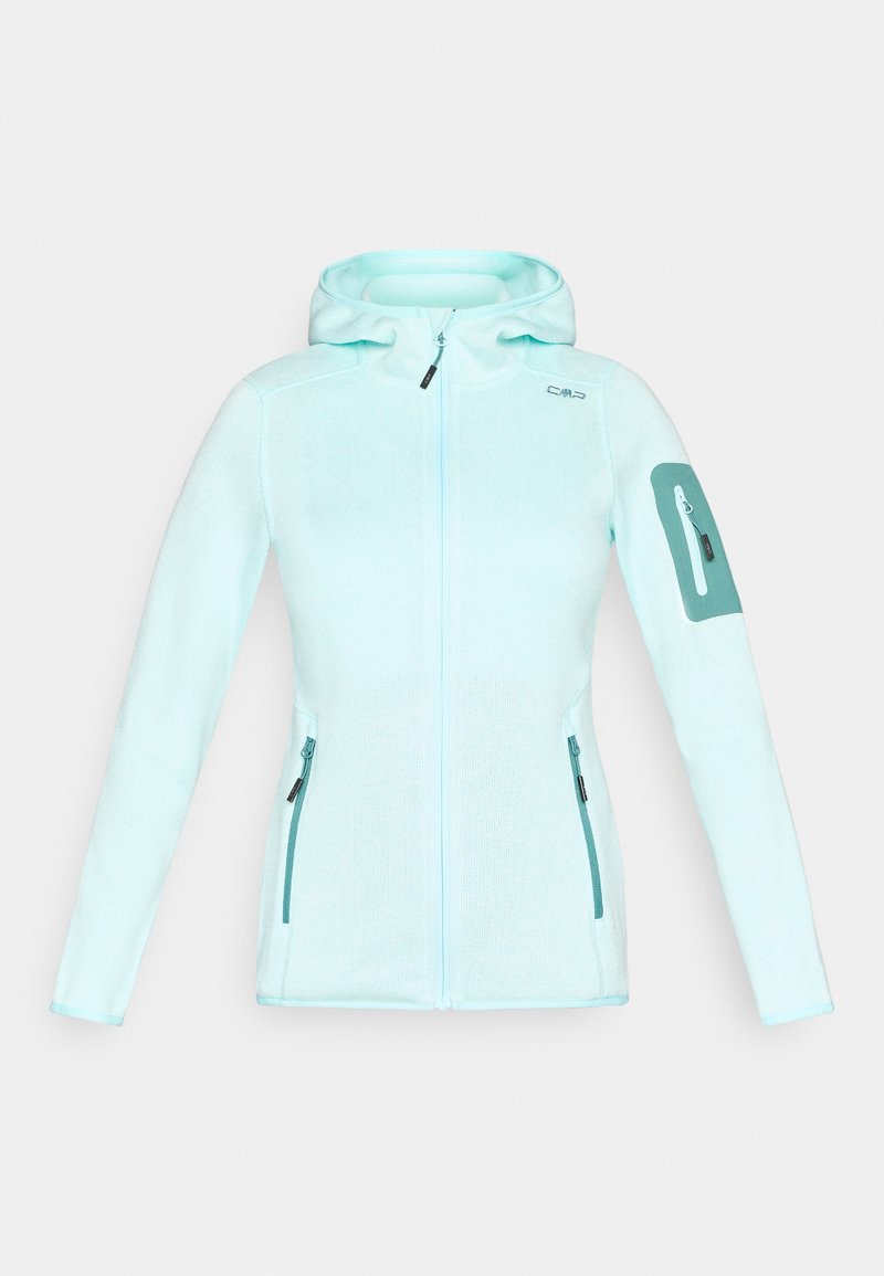 Hellblaue Kapuzenjacke zum Zuziehen mit zwei vorderen Reißverschlusstaschen und einer Reißverschlusstasche am linken Ärmel, CMP-Logo auf der Brust.