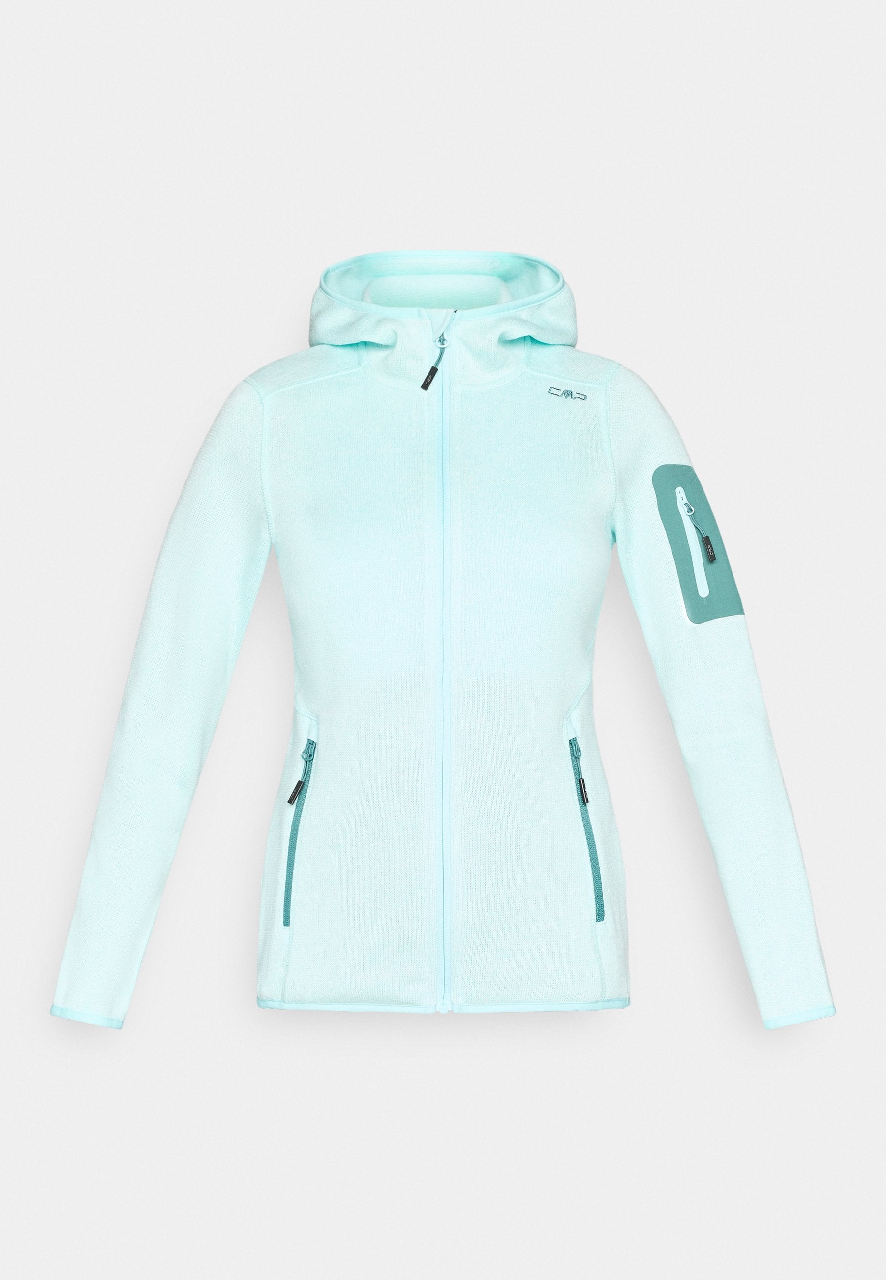 Hellblaue Kapuzenjacke zum Zuziehen mit zwei vorderen Reißverschlusstaschen und einer Reißverschlusstasche am linken Ärmel, CMP-Logo auf der Brust.