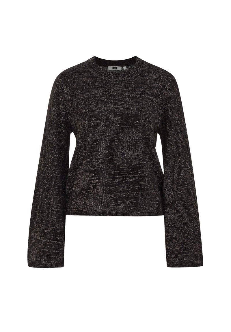 Schwarzer Crop-Pullover mit langen Ärmeln, Rundhalsausschnitt, strukturiertem Strickstoff und subtiler metallischer Ausstrahlung. Keine sichtbaren Muster oder Akzente.