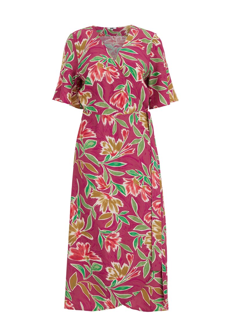 Blumiges Maxikleid in Pink mit grünen und cremefarbenen Akzenten, verfügt über ein Wickeldesign, kurze Ärmel und einen Bindegürtel in der Taille.