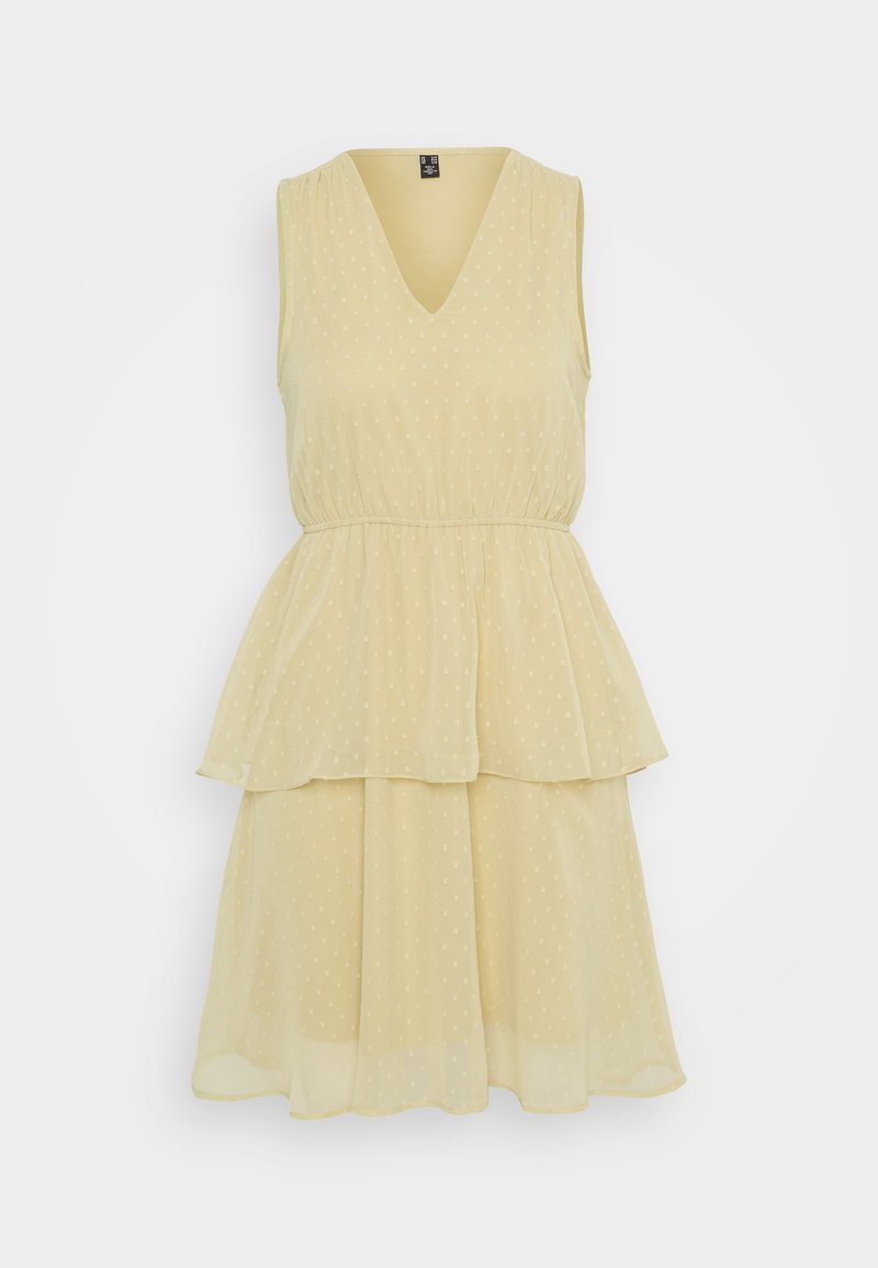 Ärmelloses V-Ausschnitt-Kleid in blassem Gelb, mit einem geschichteten Rock und einem Punkte-Muster, aus einem leicht fließenden Stoff gefertigt.
