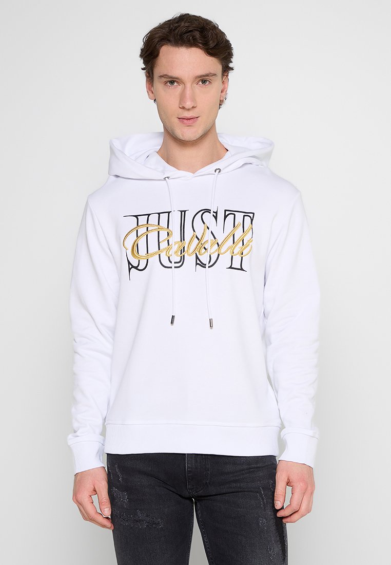 Weißer Kapuzenpullover mit Kordelzug, auf der Brust großen Schriftzug "JUST" in Schwarz und "Casuals" in goldener Schrift, aus weichem Stoff, mit gerippten Bündchen.