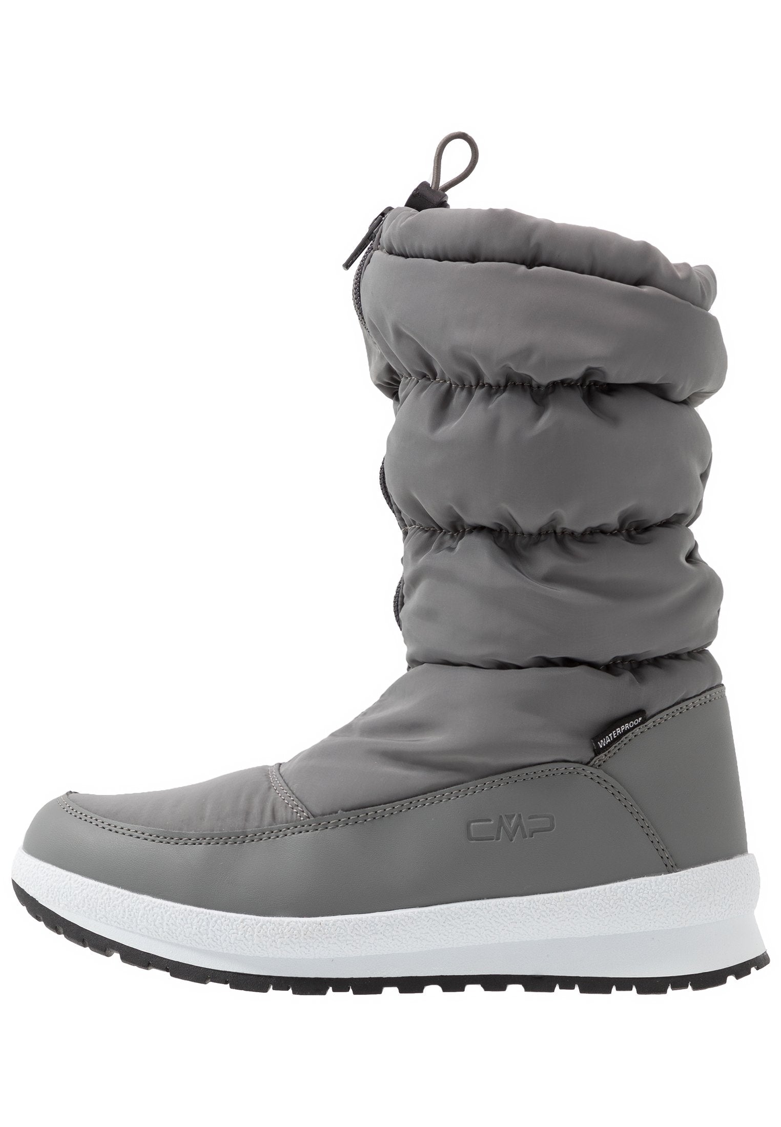 Grauer wasserdichter Winterstiefel mit einem gepolsterten Oberschenkel und einem glatten unteren Abschnitt, ausgestattet mit einer kontrastierenden weißen Sohle und einer schwarzen Traktionssohle.