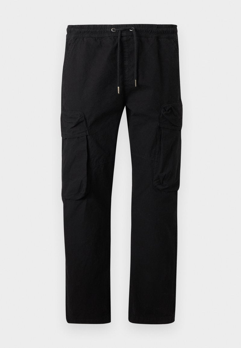 Schwarze Cargohosen mit elastischem Bund, Kordelzug und großen Klappentaschen an beiden Oberschenkeln.