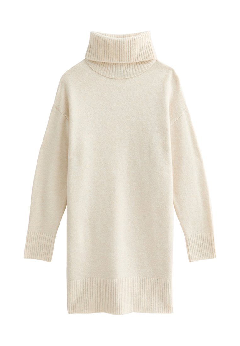Cremefarbenes, übergroßes Sweatshirt mit einem gerippten Rollkragen und Saum. Weiche Textur, überschnittene Schultern und lange Ärmel.