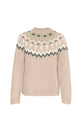 Beige gestrickter Pullover mit rundem Ausschnitt, gemustertem Einsatz in Grün, Weiß und Grau, mit Zickzack-Motiven und kleinen Figuren.