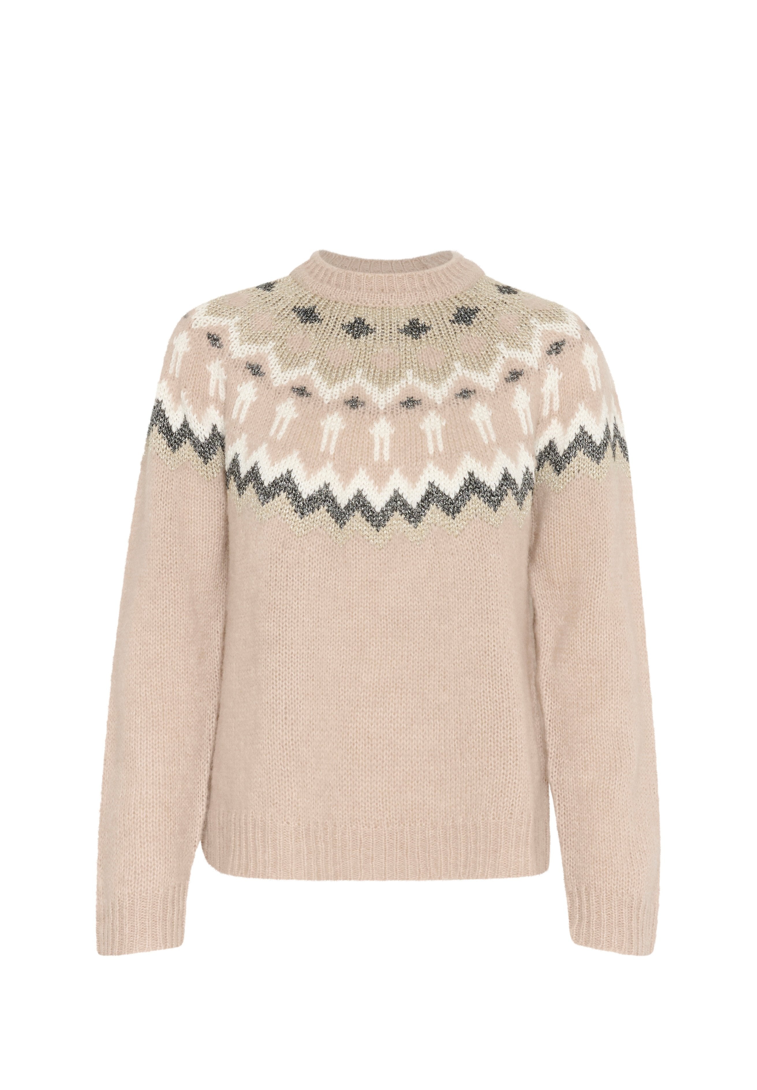 Beige gestrickter Pullover mit rundem Ausschnitt, gemustertem Einsatz in Grün, Weiß und Grau, mit Zickzack-Motiven und kleinen Figuren.