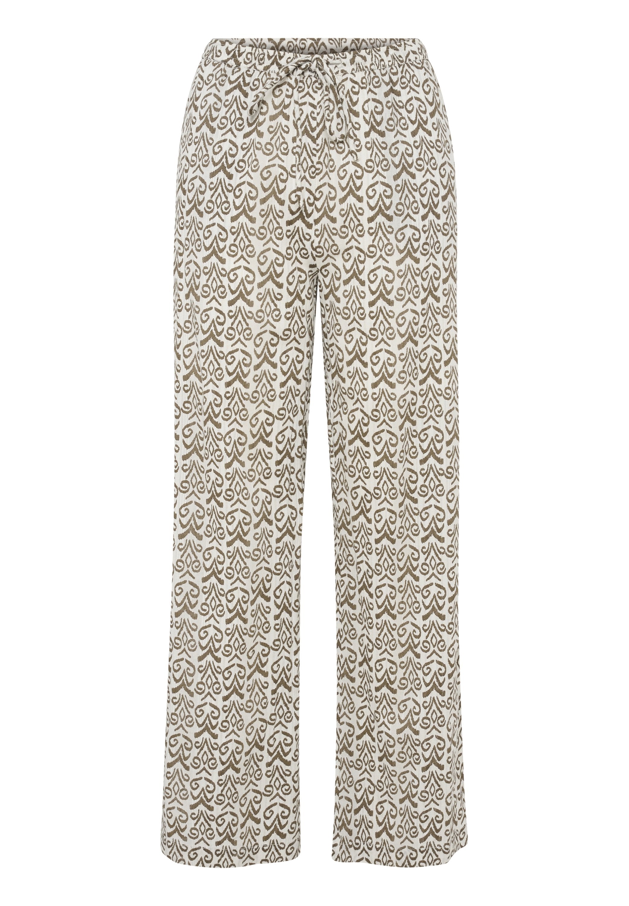 Gemusterte Hose mit einem Kordelzugbund. Hergestellt aus einem leichten, strukturierten Stoff, der einen weißen Hintergrund mit braunen abstrakten Designs aufweist.