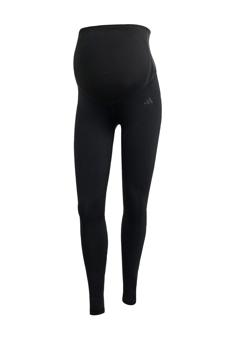 Schwarze Schwangerschaftsleggings mit einem dehnbaren Bund über dem Bauch, aus flexiblem Stoff, entworfen für Komfort und Unterstützung.