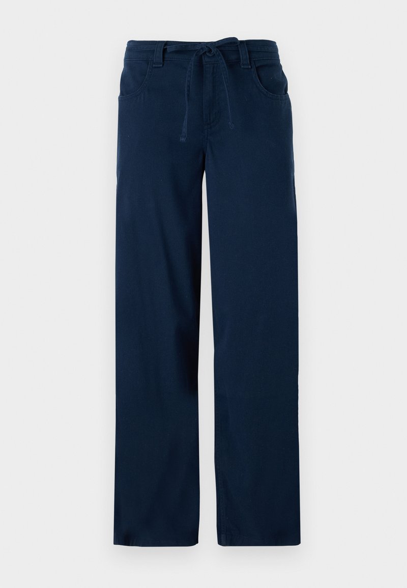 Helleblauwe weite Hosen aus Baumwollmischgewebe, mit einem Kordelzugbund, zwei Fronttaschen und einer glatten Textur.