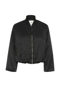 Schwarze Bomberjacke mit einem Reißverschluss vorne, geripptem Kragen und elastischem Saum. Hergestellt aus glattem Stoff, mit Seitentaschen und lockerer Passform.