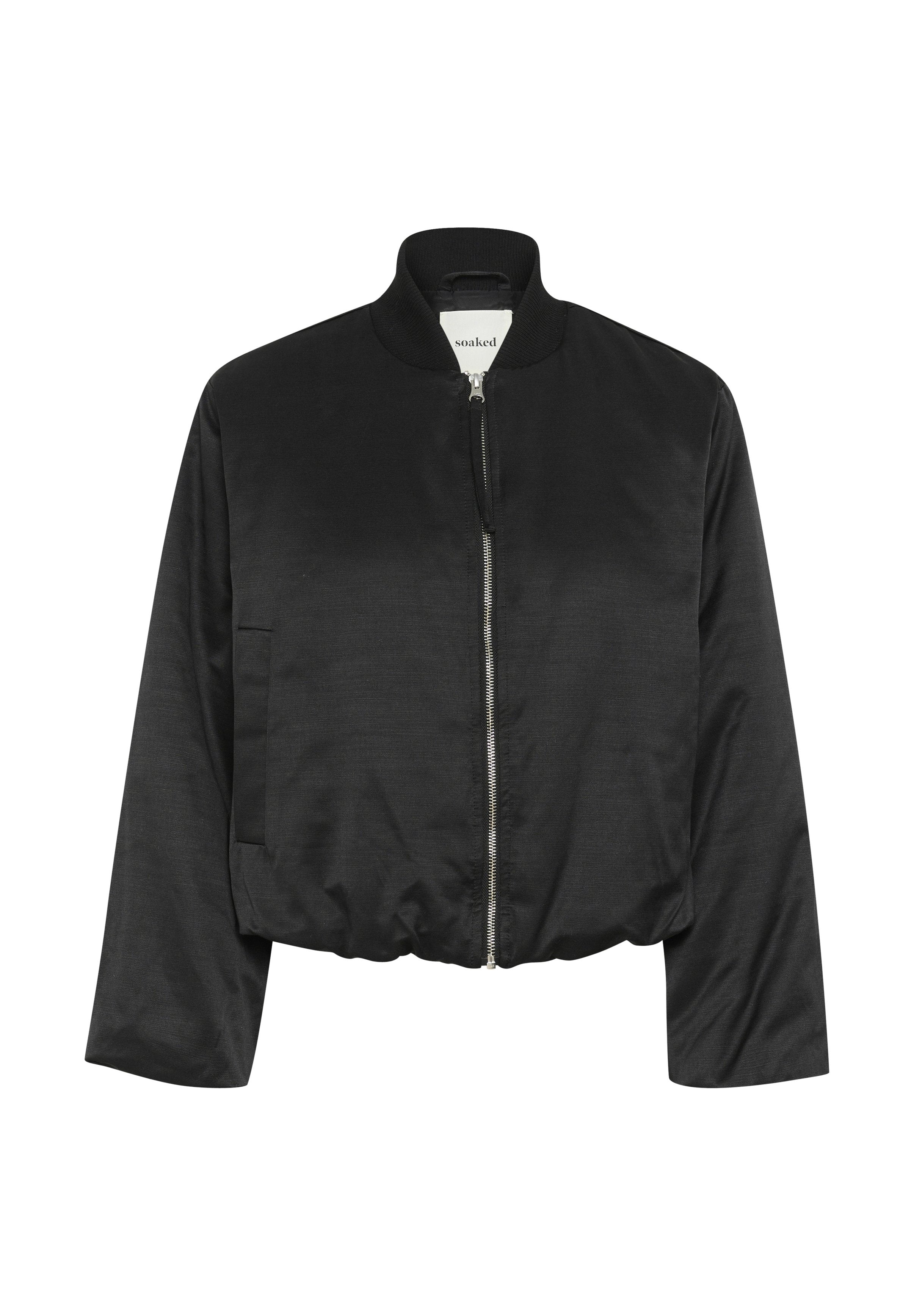 Schwarze Bomberjacke mit einem Reißverschluss vorne, geripptem Kragen und elastischem Saum. Hergestellt aus glattem Stoff, mit Seitentaschen und lockerer Passform.