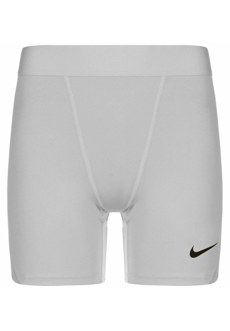 Weiße Sportshorts aus dehnbarem Material, mit einem schwarzen Nike-Logo an der unteren rechten Seite und einem glatten, nahtlosen Design.