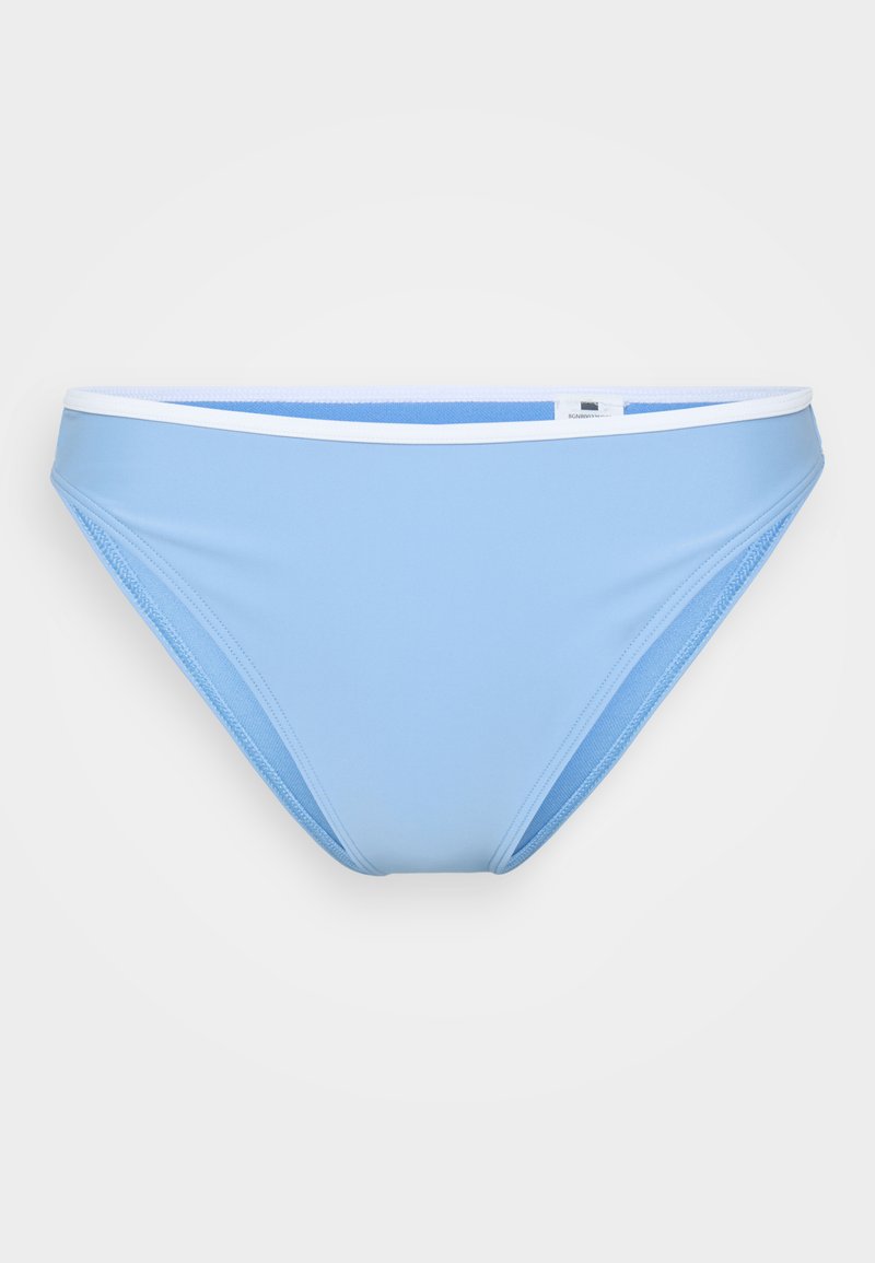 Helles blaues Bikini-Höschen mit weißem Rand. Verfügt über eine glatte Textur und ein klassisches Schnittdesign. Geeignet für Schwimmen oder Strandmode.