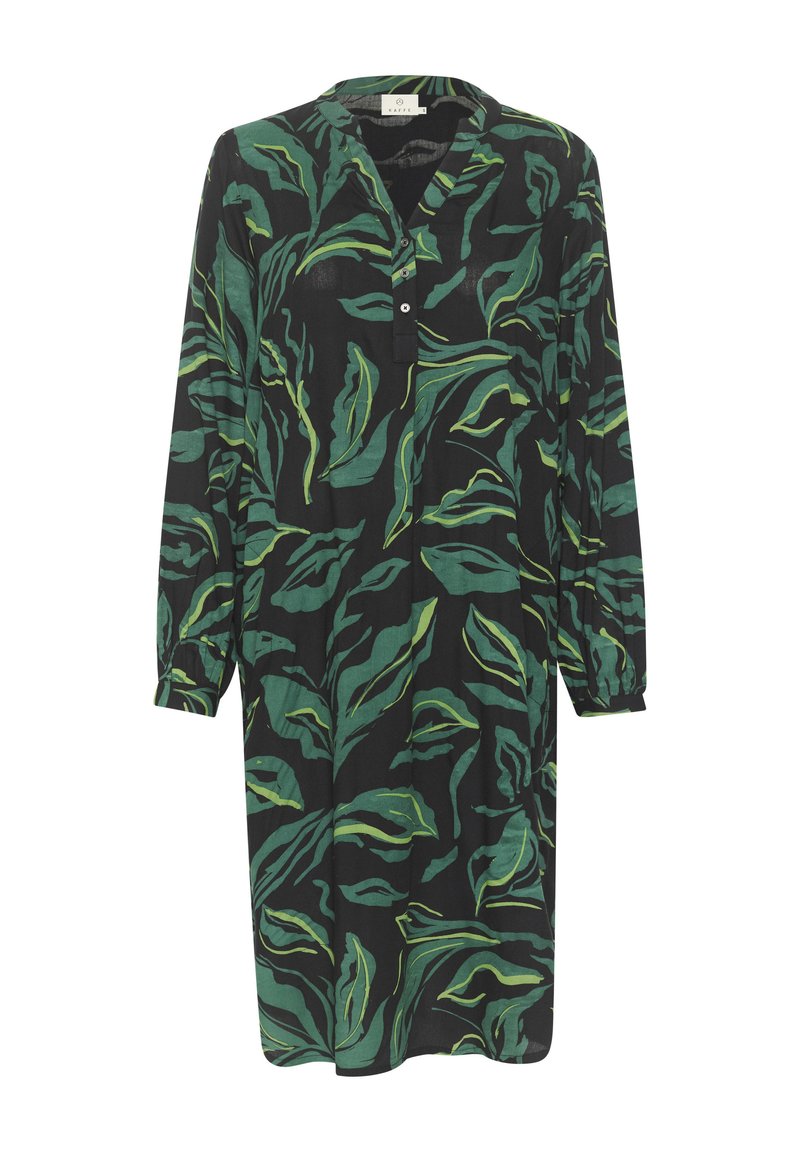 Schwarzes Kleid mit grünem Blattmuster, langen Ärmeln, Kragen und Knopfdetails auf der Vorderseite. Leichte Stofftextur.