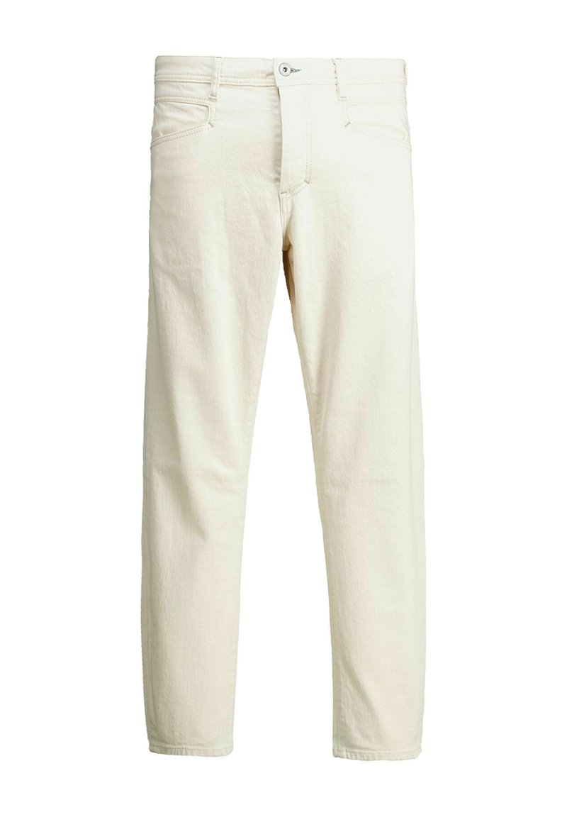 Cremeweiße Jeans mit geradem Bein, vorn mit Knopf- und Reißverschluss, Gürtelschlaufen und Taschen auf schlichtem weißem Hintergrund.