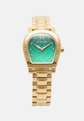 Goldene Armbanduhr mit grünem gemustertem Zifferblatt, goldenen Stundenmarkierungen und dem logo sowie Namen "Aigner" auf dem Zifferblatt, mit verlinktem goldenen Armband.