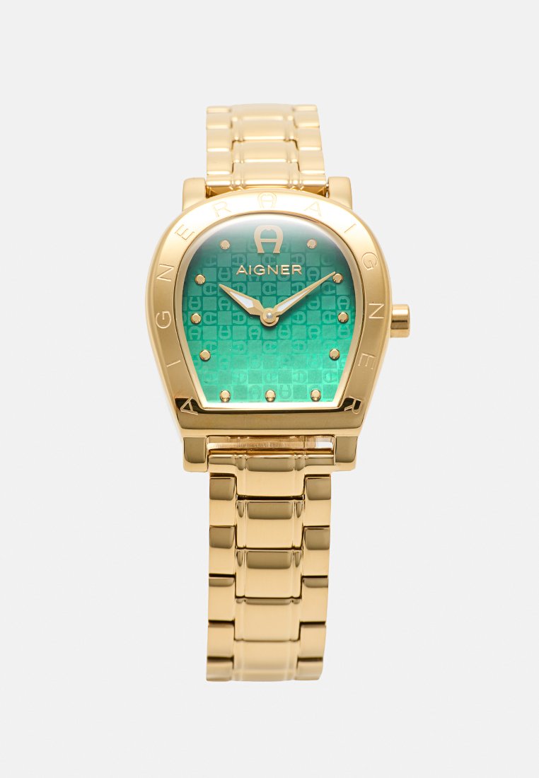 Goldene Armbanduhr mit grünem gemustertem Zifferblatt, goldenen Stundenmarkierungen und dem logo sowie Namen "Aigner" auf dem Zifferblatt, mit verlinktem goldenen Armband.