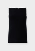 Schwarzes, geripptes Tanktop mit einem geraden Halsausschnitt und ärmellosem Design, das eine glatte Textur und eine taillierte Silhouette aufweist.