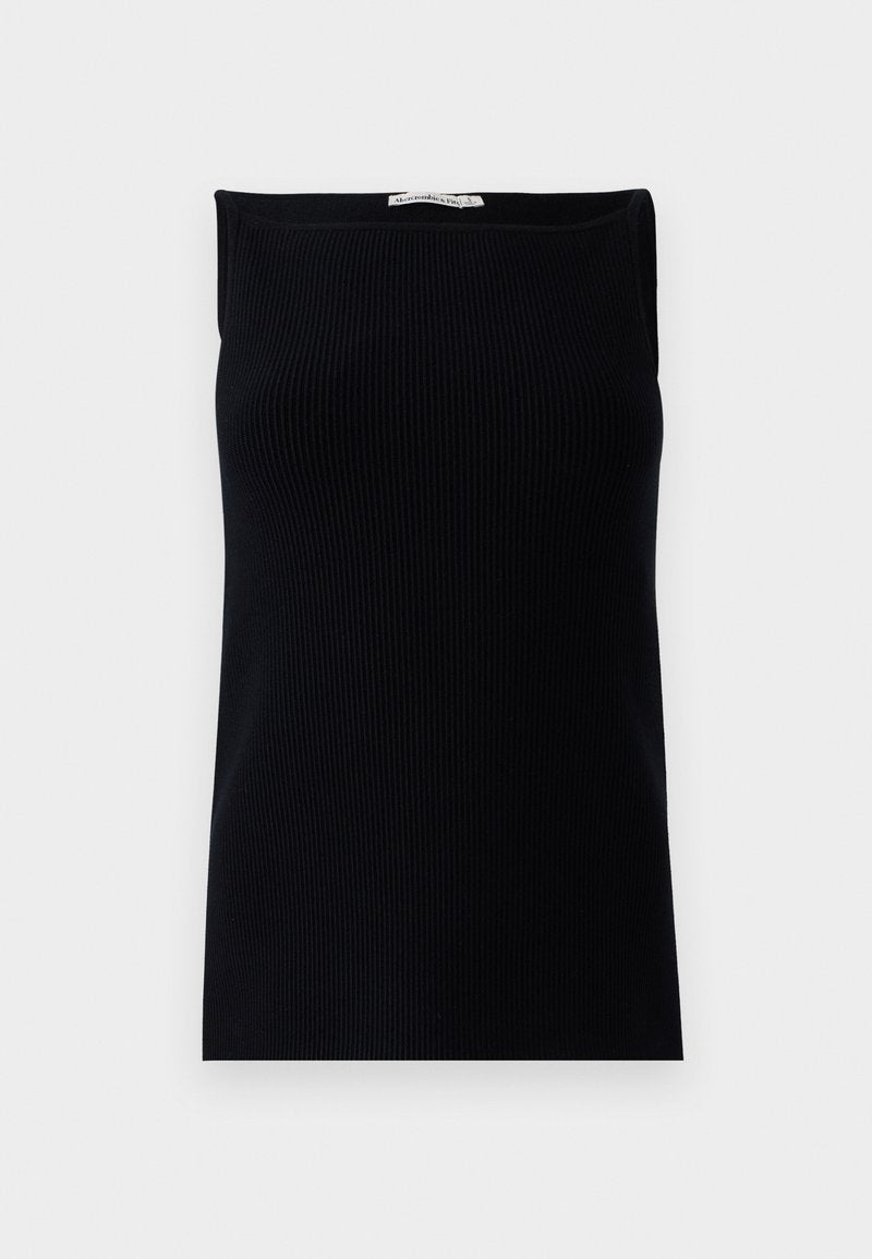 Schwarzes, geripptes Tanktop mit einem geraden Halsausschnitt und ärmellosem Design, das eine glatte Textur und eine taillierte Silhouette aufweist.