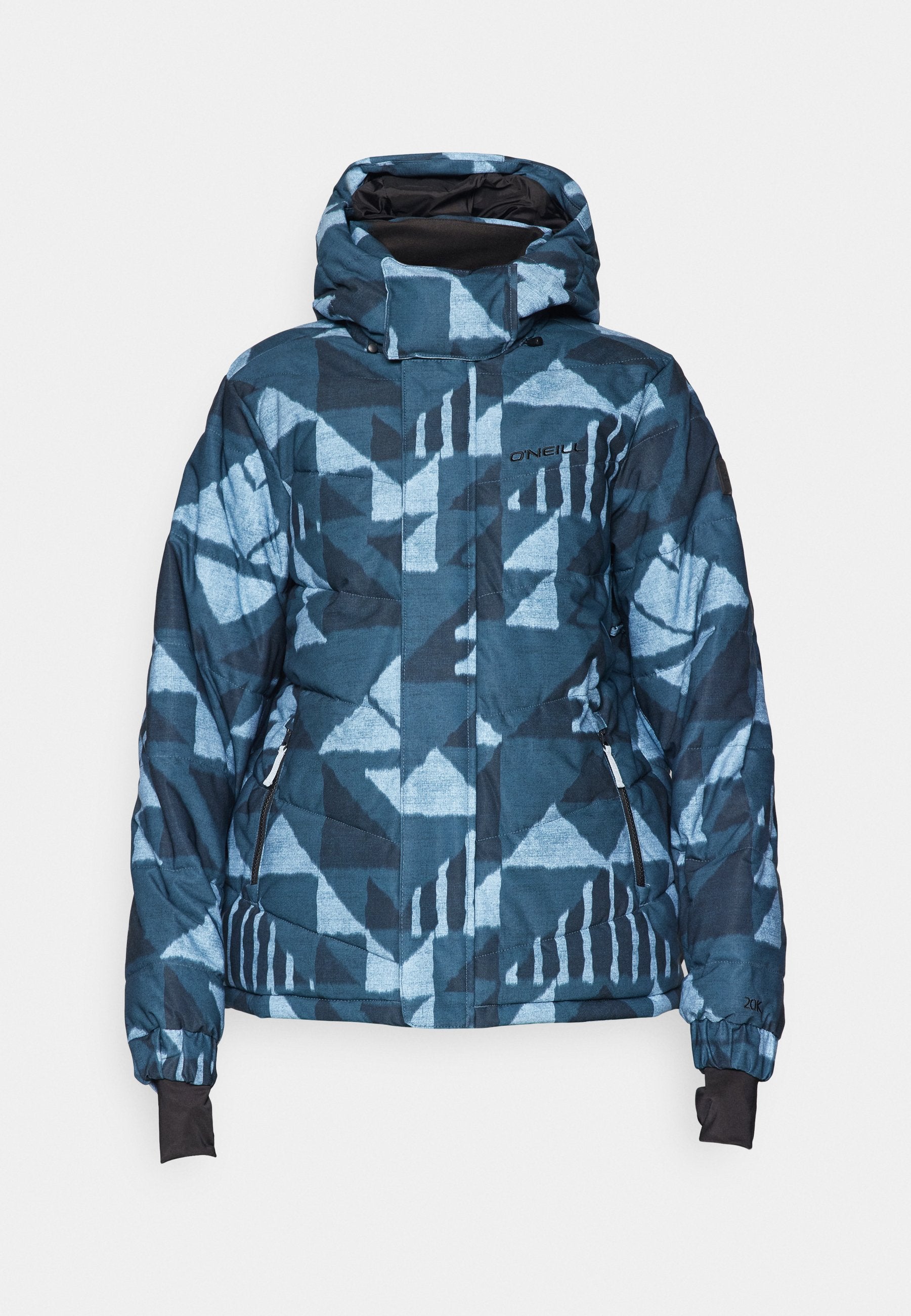 Blaue gepunktete Daunenjacke mit geometrischen Mustern, Kapuze, gerippten Bündchen und zwei Reißverschlusstaschen. Hergestellt aus einem strukturierten, isolierenden Material.