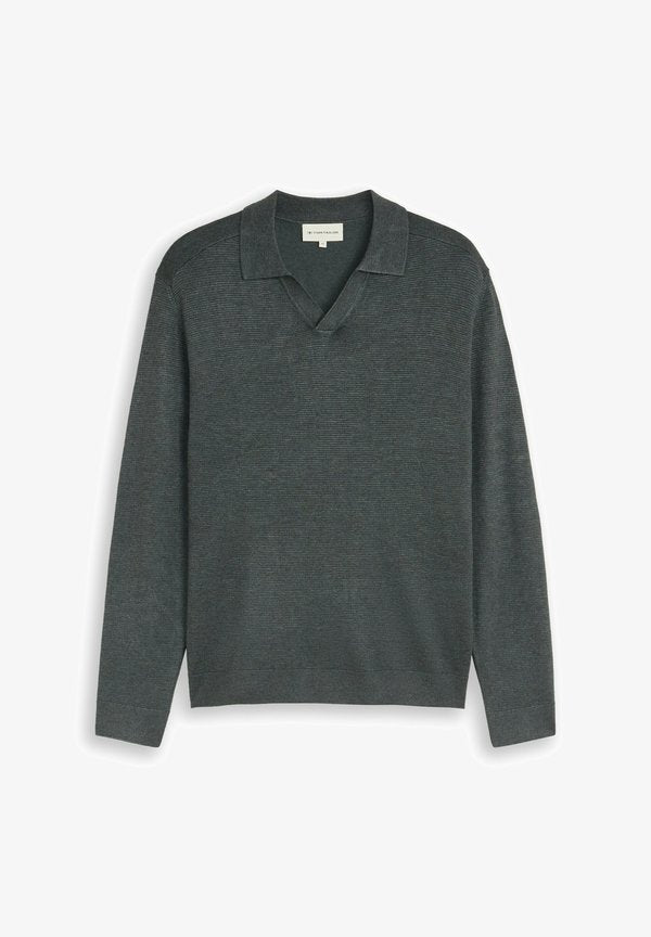 TOM TAILOR SOFT KNIT POLO - Long sleeved top - darkest olive melange