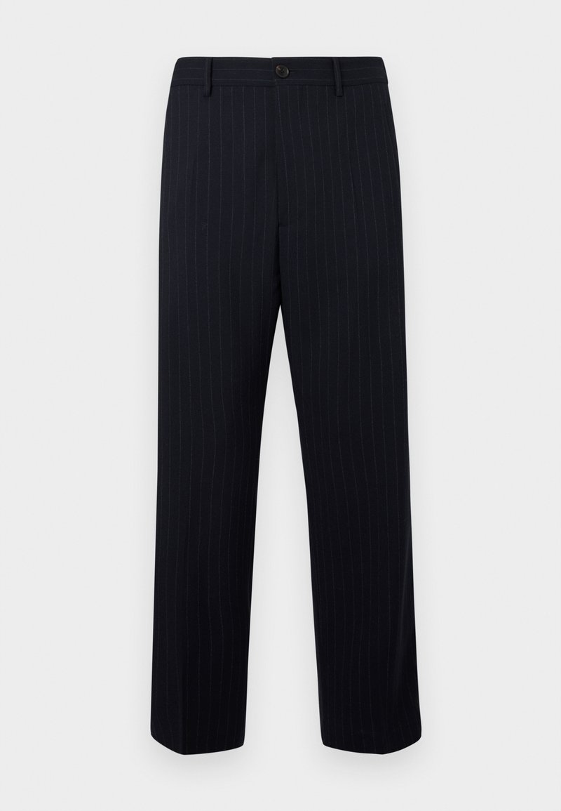 Navy gestreifte Hose aus feinem Stoff, mit geradem Schnitt, Gürtelschlaufen und einem vorderen Knopfverschluss. Keine sichtbaren Taschen.