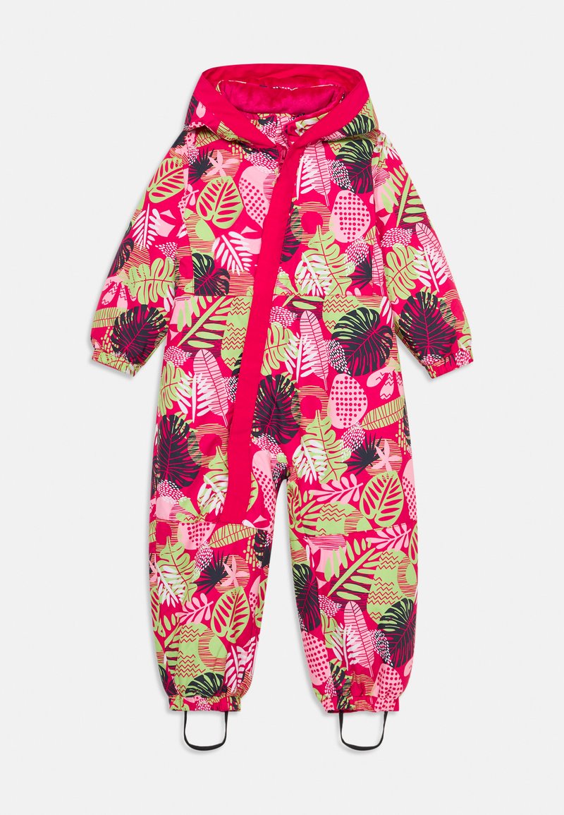 Bunter Windbreaker-Overall mit pinkem Hintergrund und grünen sowie schwarzen tropischen Blättern, elastischen Bündchen und einem Reißverschluss vorne.