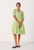 Hellgrünes karierter Kleid mit Puffärmeln, gestuftem Design, leichtem Stoff und V-Ausschnitt. Kombiniert mit beigen Sandalen.