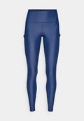 Navyblaue, hoch taillierte Leggings mit seitlichen Taschen, aus glattem, elastischem Stoff.