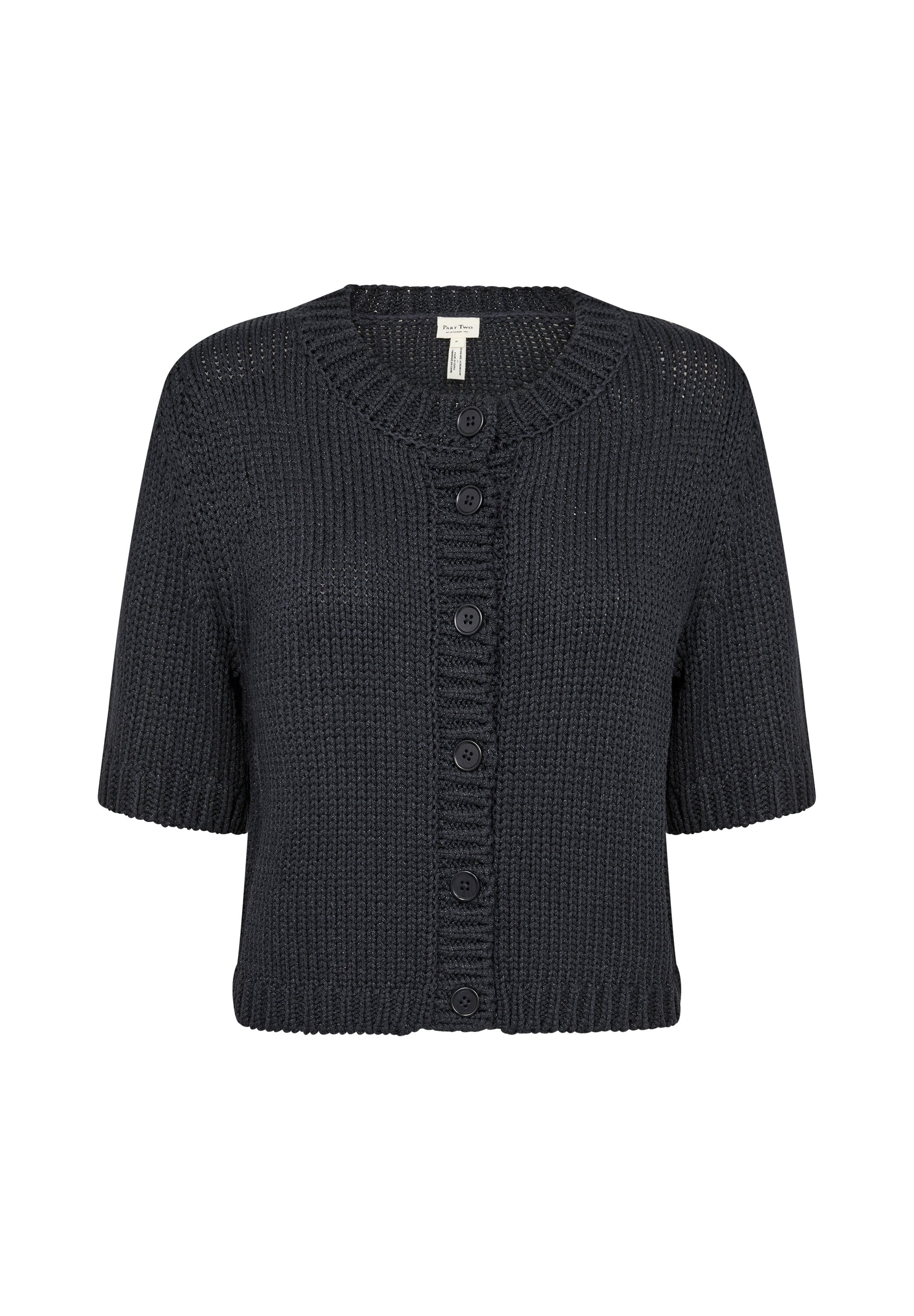 Dunkelgrauer, kurzärmeliger Cardigan aus strukturiertem Strickstoff, mit rundem Ausschnitt und sechs Druckknöpfen auf der Vorderseite.