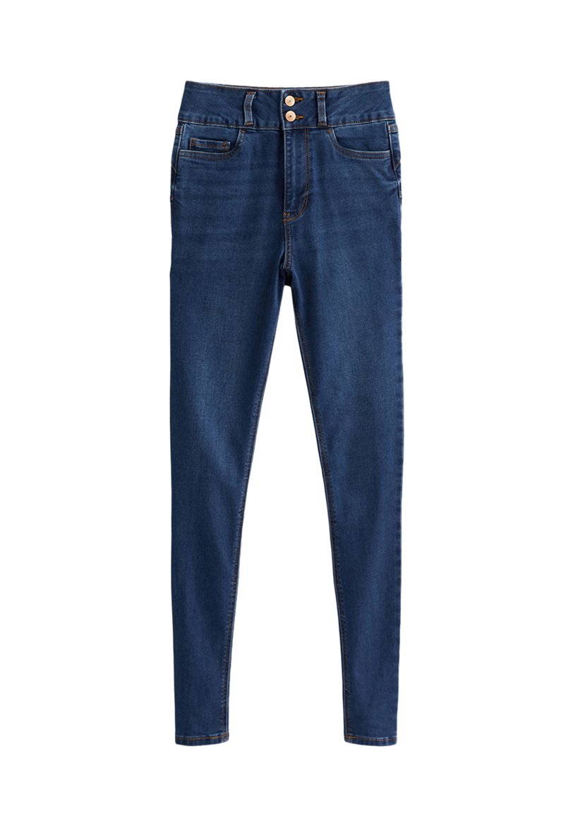 Dunkelblaue Skinny-Jeans aus Denim mit hoher Taille, ausgestattet mit zwei vorderen Taschen und doppeltem Knopfverschluss, der eine glatte Textur bietet.