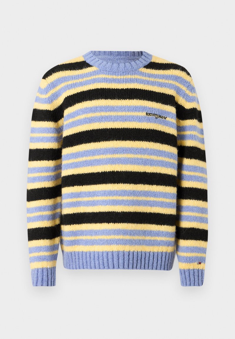 Gestreifter Pullover in Blau, Gelb und Schwarz. Rundhalsausschnitt, gerippte Bündchen und Saum, mit "Tommy Jeans"-Logo auf der Vorderseite. Weiche Textur.