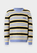 Gestreifter Pullover in Blau, Gelb und Schwarz. Rundhalsausschnitt, gerippte Bündchen und Saum, mit "Tommy Jeans"-Logo auf der Vorderseite. Weiche Textur.