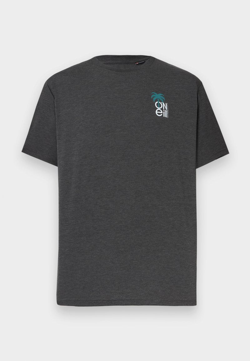 Dunkelgraues T-Shirt mit kurzen Ärmeln, kleinem türkisfarbenem Palmenmotiv und weißem "O'Neill"-Logo auf der oberen linken Brustseite.